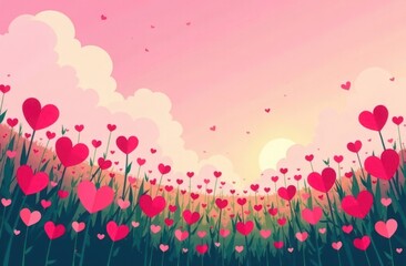 A meadow full of heart-shaped flowers blooming under a pink sky