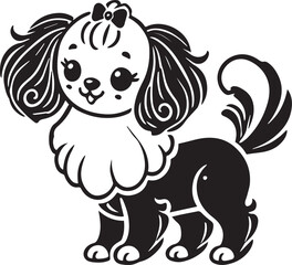 Cute silhouette puppy vector black and white (smiling face cute mini dog big ears and big hair vector black)