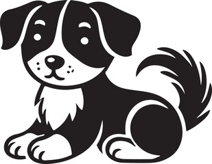 Cute silhouette puppy vector black and white (smiling face cute mini dog big ears and big hair vector black)