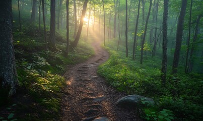 Obraz premium The Appalachian Trail bathed in soft, diffused morning light with the sun