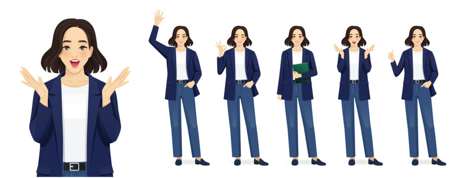 Beautiful business young woman wearing casual clothes in different poses set. Surprised, waving, standing with book, showing thumb up and ok sign. Isolated vector illustration