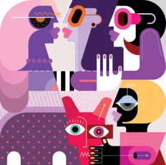 Vector illustration in flat geometric style featuring a woman walking her dog while three other women are having a chat.