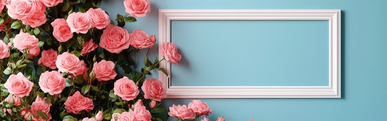 A white frame surrounded by fresh pink roses and leaves on a pastel pink background, creating an elegant, minimal design for special occasions.