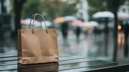 Rainy day shopping scene with a brown paper bag on wet bench