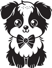 Cute silhouette puppy vector black and white (smiling face cute mini dog big ears and big hair vector black)