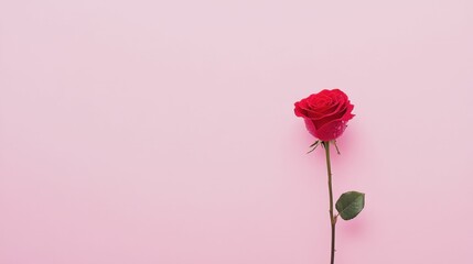 Close up of a single red rose with water droplets on pink background - romantic and natural beauty concept