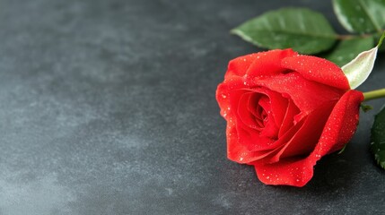 Elegant red rose with water droplets on a dark surface, perfect for romantic designs
