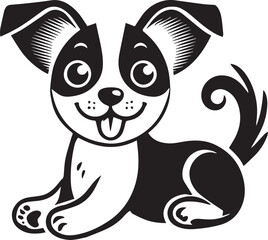 Cute silhouette puppy vector black and white (smiling face cute mini dog big ears and big hair vector black)