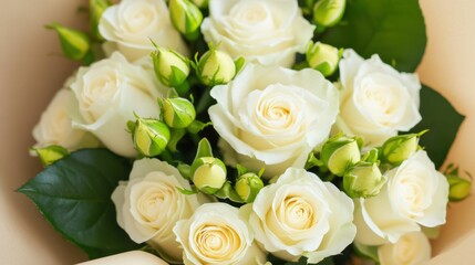 Fototapeta premium Elegant white rose bouquet with green accents for weddings and celebrations