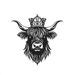 Obraz premium Black cow head with a crown on a white background, possible symbol