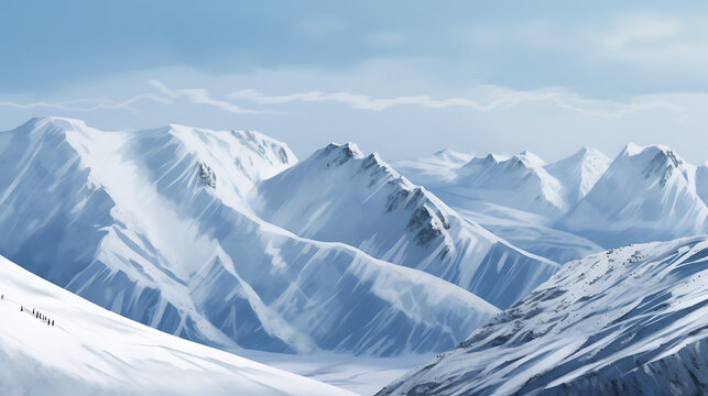 Realistic Snowy Mountain Landscape with Smooth Snow Textures,Snowy Mountain Landscape on White Background,Snowy Mountain Landscape Isolated, blue sky,Majestic mountain range triptych,Generative Ai