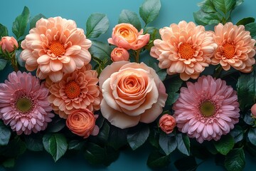 Flowers arrangement with rose blossoms on a blue backdrop, embodying Valentine's Day, Mother's Day, and Women's Day themes. Presented in a flat lay, top view, with space for text