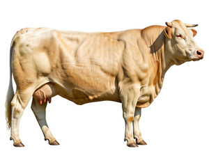 A majestic Charolais cow, known for its muscular build, stands tall against a pristine white background. Its side profile highlights its powerful physique and distinctive white coat.