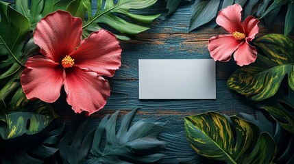 Frame adorned with flowers and butterflies, lying on a floral rectangle background with space for text, set against a white backdrop