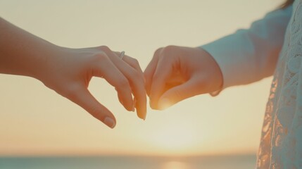 Romantic sunset wedding ceremony featuring close up of hands exchanging rings for symbolic union