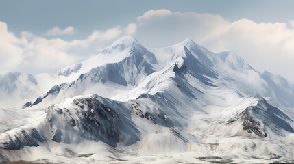 Naklejka premium Realistic Snowy Mountain Landscape with Smooth Snow Textures,Snowy Mountain Landscape on White Background,Snowy Mountain Landscape Isolated, blue sky,Majestic mountain range triptych,Generative Ai