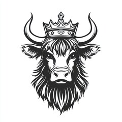 Bull wears crown, stylized graphic, white background, suitable for design