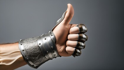 Fototapeta premium A hand in ornate metal armor gives a thumbs-up.