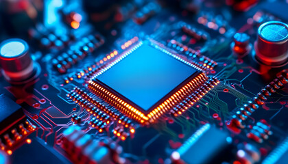 Fototapeta premium Scientist examining a microchip under a microscope in a high-tech lab, showcasing precision, technology, and innovation in electronics and research.