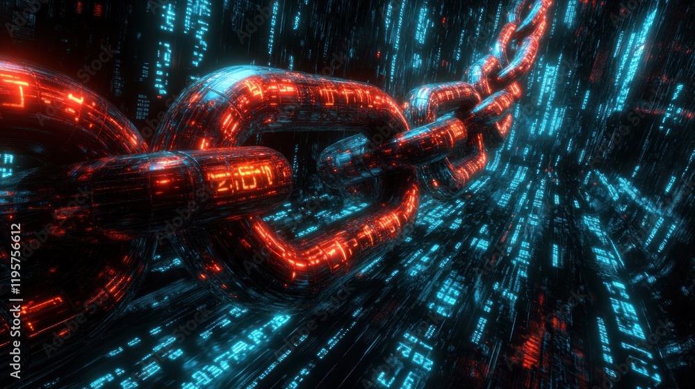 Poster futuristic representation of interconnected chains amidst digital data streams