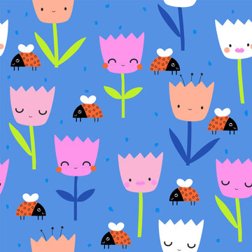 Seamless pattern with tulips and ladybirds. Cute summer childish print. Vector hand drawn illustration.