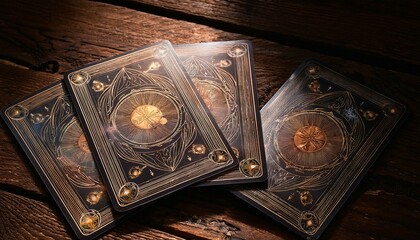 Mystical tarot cards on dark wood.