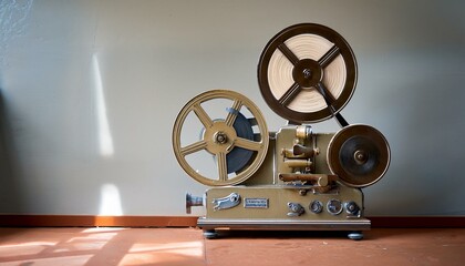 Vintage film projector, reels ready to roll.  A nostalgic look at movie history.
