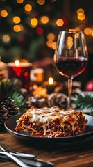 Fototapeta premium Hearty Christmas Lasagna with a glass of red wine