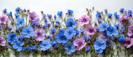 A frame showcasing blue flowers against a white background, celebrating Easter and spring. The layout is a flat lie with an overhead perspective, leaving room for text