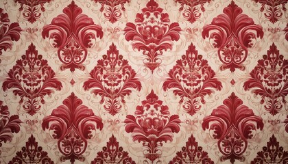 Intricate damask wallpaper in rich burgundy and cream.