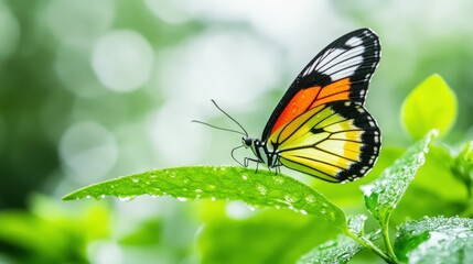 Fototapeta premium Vibrant butterfly resting on leaf at sunrise in nature garden