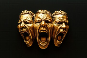 Three golden masks screaming on black background