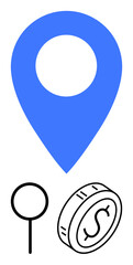 Large blue map pin, black magnifying glass, and coin with dollar sign. Ideal for navigation, search, business, location services, money, finance digital tools abstract line flat metaphor