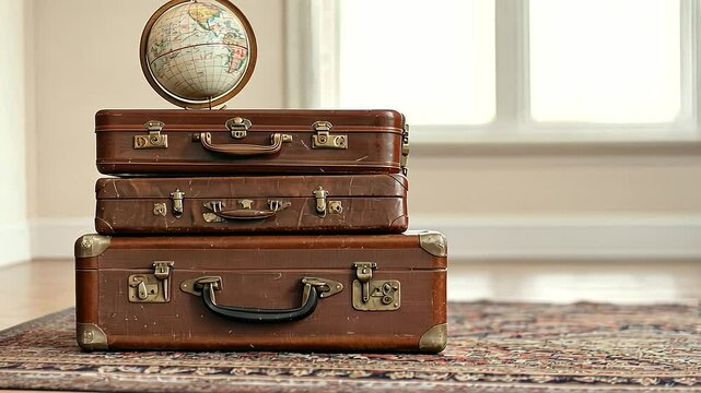 Vintage Suitcases and Travel Essentials on Patterned Rug
