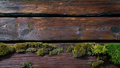 Fototapeta premium Dark brown wooden planks with vibrant green moss growing between them.
