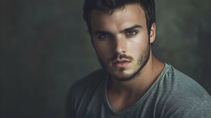Fototapeta premium Young male laborer in a plain shirt, dark grey background, serious and focused, clear facial features