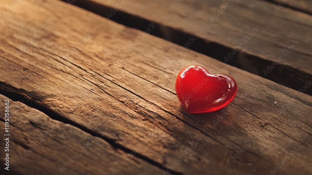 Poster red glass heart is shining on rustic wooden table with warm sunlight creating romantic atmosphere, p