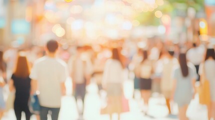 Vibrant shopping mall scene with blurred shoppers and bright signs