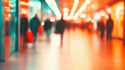Vibrant shopping experience in a bustling mall with colorful blurred lights