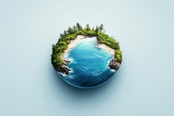 Fototapeta premium Miniature globe with beach and forest design floating on light blue background. Environmental awareness concept