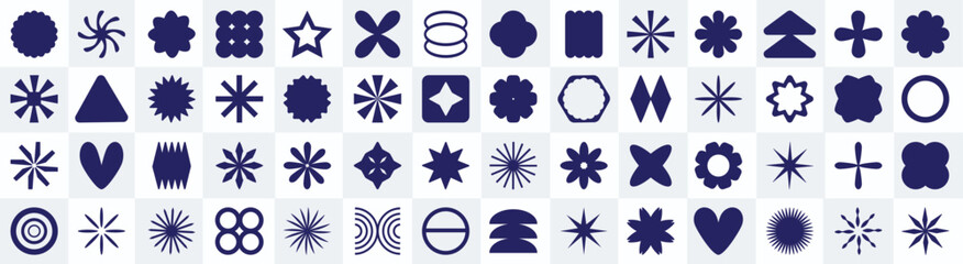 Set of futuristic y2k retro geometric vector shapes over checkerboard background. Postmodern brutalism groovy design elements collection
