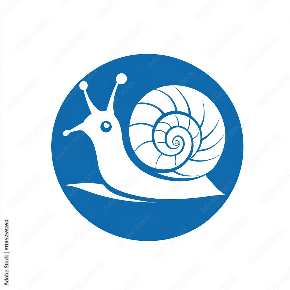 Poster white snail with spiral shell in blue circle design for web or app icon