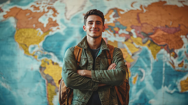 Young man with backpacks standing confidently in front of a colorful world map, representing travel, adventure, and exploration spirit in a modern setting