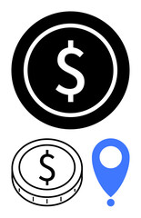 Black coin with dollar symbol, line-style coin design, blue location marker. Ideal for finance, location, global trade, banking, e-commerce, navigation abstract line flat metaphor