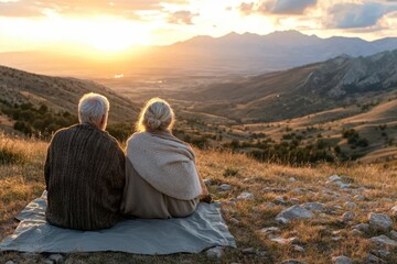 Naklejka premium Couple enjoying a peaceful sunset overlooking rolling hills with vibrant colors and serene mountain backdrop. Generative AI