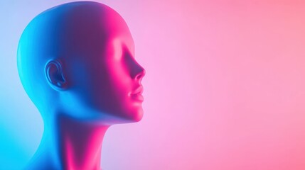 Futuristic neon cyberpunk statue head with vibrant pink and blue illumination