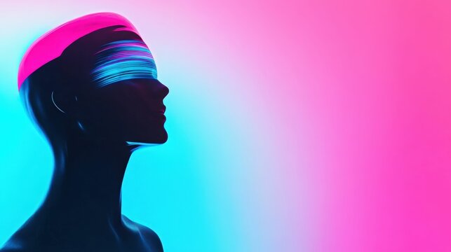 Futuristic cyberpunk figure with neon illuminated modern statue head in vivid colors