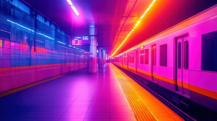 Fototapeta premium Futuristic cyberpunk train station with neon lights and vibrant atmosphere