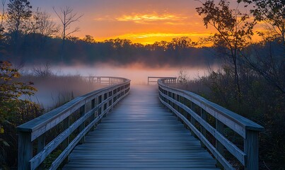 Naklejka premium The boardwalk in Wawayanda State Park bathed in the warm hues of sunrise