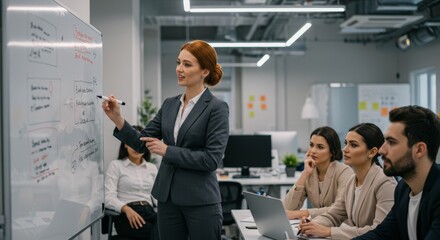 Business coach woman writing on a board in a workshop inside an office, training employees

